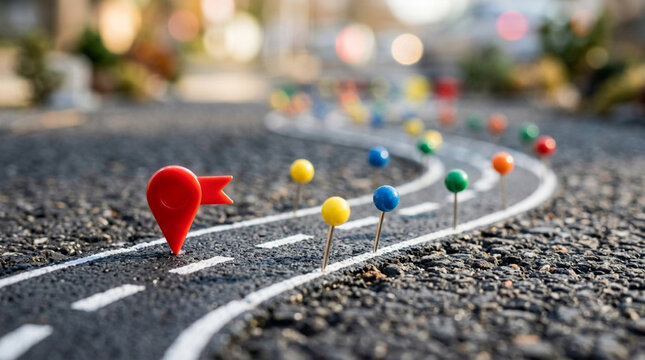 Journey Markers: Path Navigation with Colorful Pins on Asphalt Road