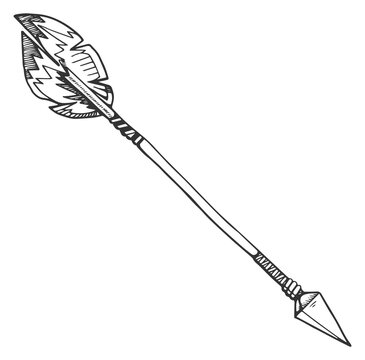Boho arrow sketch. Native weapon decorative drawing