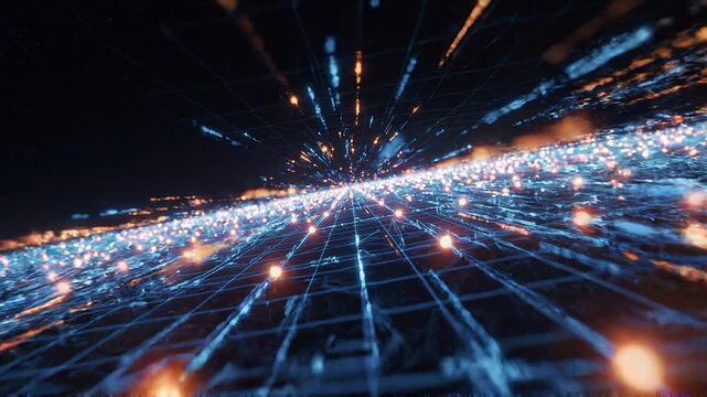 Digital data network flow: abstract cyber grid with glowing particles and light streaks