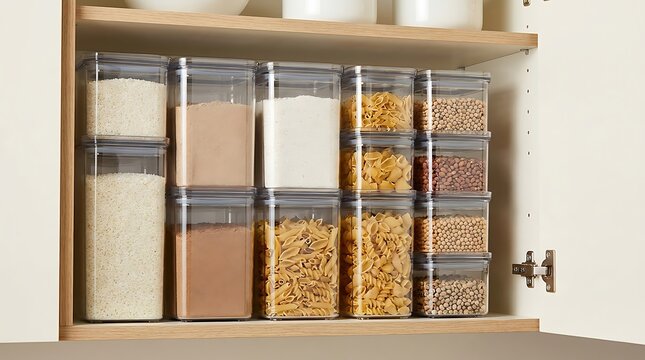 Clear plastic storage containers with dry food ingredients organized in a kitchen cupboard shelf. modular food storage