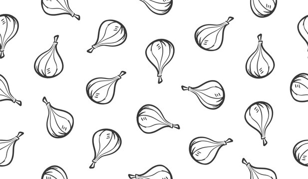 Garlic hand drawn pattern. Onion doodle background. Herb ingredient doodle pattern. Spice food line art pattern background. Seamless pattern of healthy food with spice seasoning.