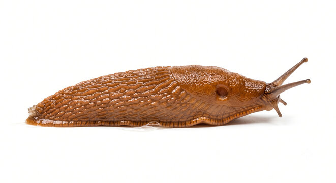 brown garden slug on white background, slimy terrestrial gastropod mollusk cutout, crawling land slug invertebrate animal, moist wild forest pest creature photography, creeping slimy slug biology grap