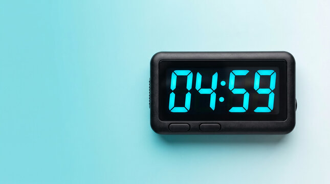 Digital alarm clock showing 04:59 time on a bright blue background