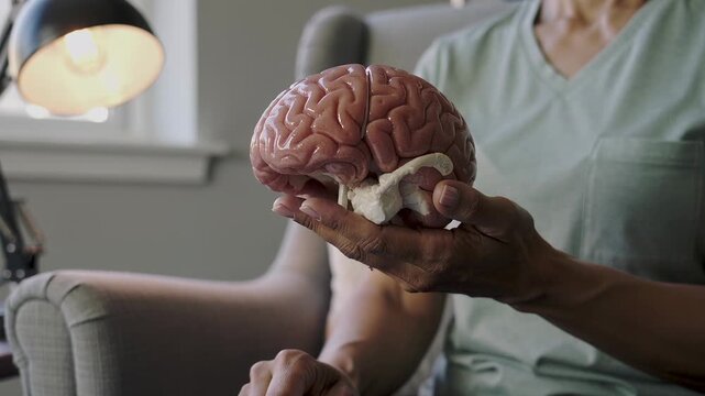 Placing hand under base, person in green scrub top rotating brain model in armchair