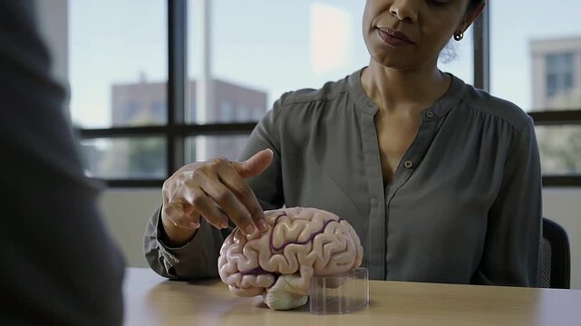 Reaching forward woman in gray blouse lifting brain model at table, tracing frontal gyri to teach