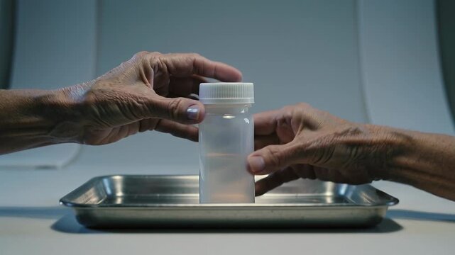 Reaching hands grasping specimen bottle rotating and placing in metal tray on lab bench for storage