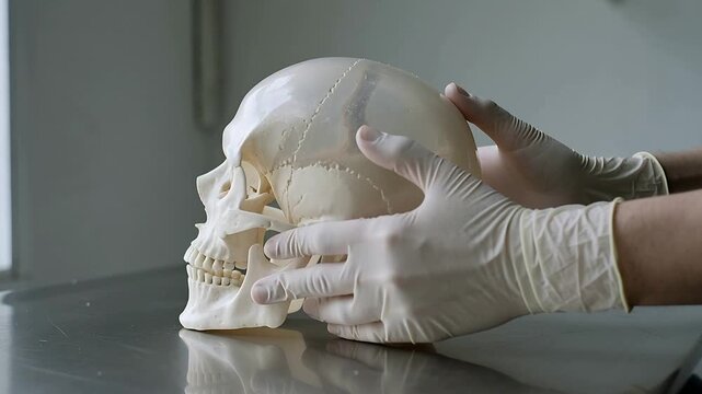 Entering gloved hands steadying and rotating life-size skull on exam table checking fit near window