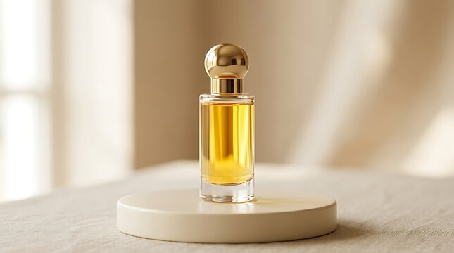 Luxury perfume bottle with golden liquid on a round stone pedestal in a bright aesthetic room. personalized perfume vial