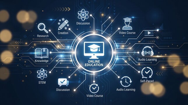 E-Learning with blurred city abstract lights background