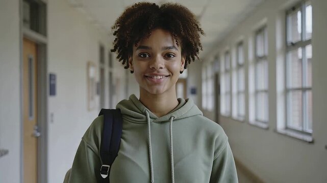Pausing student taking breath, turning toward camera in school hall, green hoodie, backpack showing