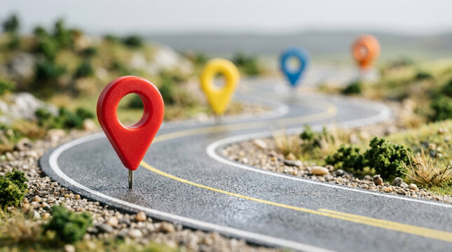 Location pins on winding road, navigation concept, travel planning, journey