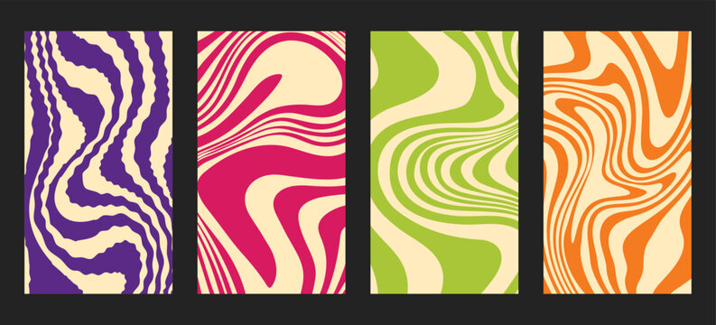 Retro groovy background poster set. Vector 1970s psychedelic wavy liquid patterns with vibrant purple, pink, green and orange curves