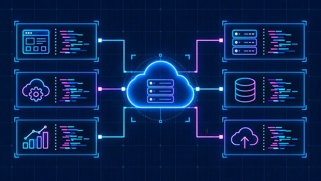 Cloud computing architecture diagram with central server hub connected to database storage analytics and automation interface panels on a dark grid