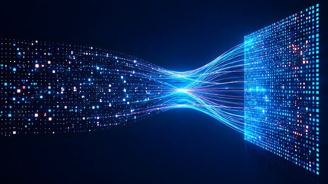 Unstructured digital data particles converging through glowing fiber optic streams into an organized matrix grid representing big data processing