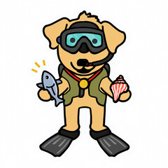 Fototapeta premium Cute Dog Diver Sticker with Fish and Seashell