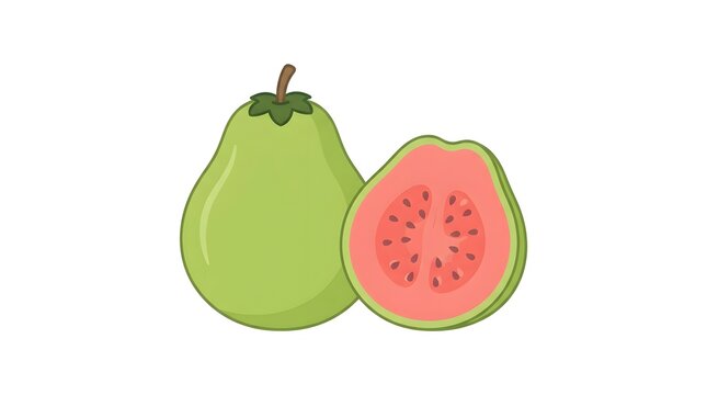 Whole and halved pink guava fruit illustration isolated on white background
