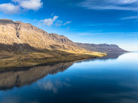 Aerial view over a fjord in east Iceland
