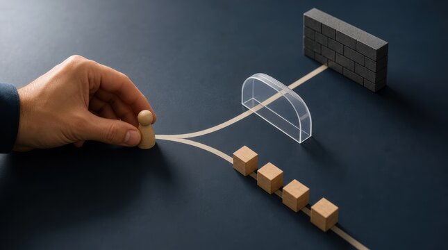 risk management insurance forecasting. Hand moving a pawn on a path split by a gate, leading to a brick wall and four wooden blocks on the other route.