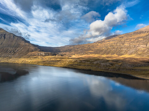 Aerial view over a fjord in east Iceland