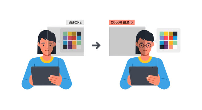 Color Blindness Accessibility Concept Illustration Showing Normal Vision vs Color Vision Deficiency and Corrective Glasses for Digital Tablet User