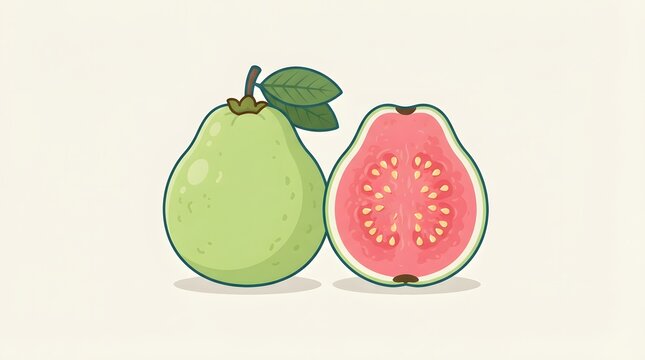 Whole and halved pink guava fruit with green leaves in a flat vector illustration style