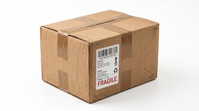 Closed cardboard shipping box with fragile label on white background