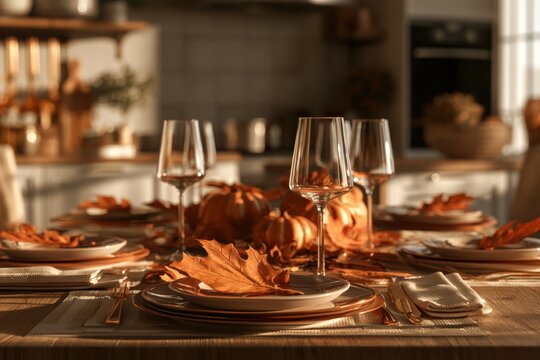 Autumn table setting orange leaves pumpkins wine glasses plates napkins