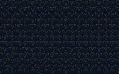Seamless fish scale pattern on dark navy background in minimal line style, thin blue arcs forming overlapping scallops, subtle texture for textile, wallpaper and packaging © VectorBloomX