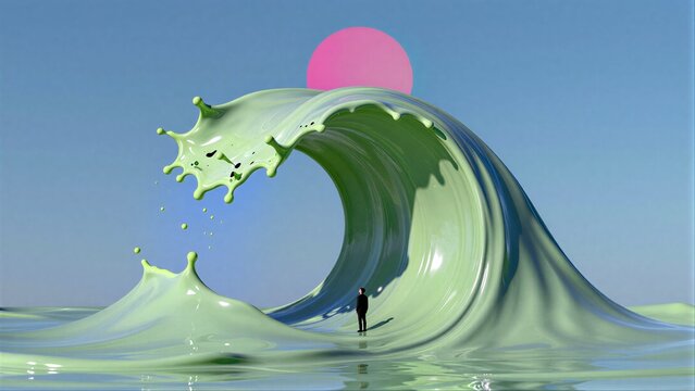 A lone figure stands on a massive green wave, dwarfed by a vibrant pink sun.