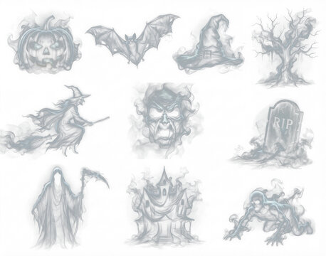Ethereal smoke Halloween collection, featuring nine ghostly translucent gray apparitions, isolated, perfect for chilling seasonal media design.