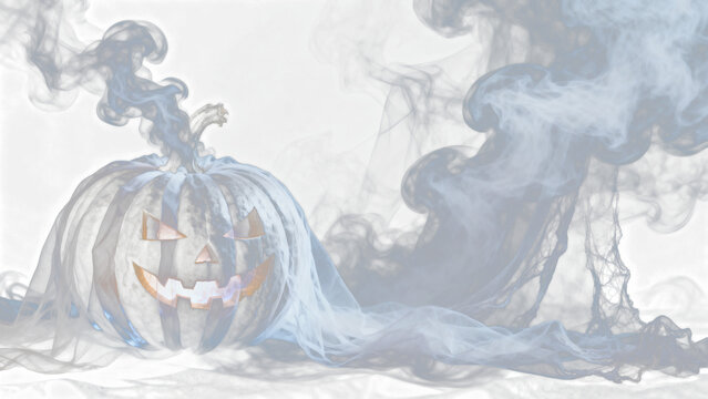 Ghostly Jack-o'-lantern, pale textured pumpkin with glowing carved face, veiled in wispy white smoke, isolated on transparent, perfect for eerie