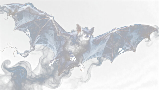 Haunting spectral bat, dark eyes alert, midflight, with translucent, ragged, wispy smoke wings, isolated on transparent background