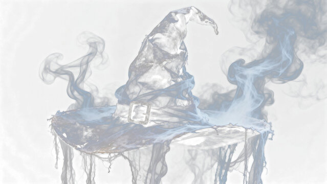 Haunting translucent witch's pointed hat, a dark, tattered, crumpled form woven from swirling wisps of ghostly smoke, isolated on transparent
