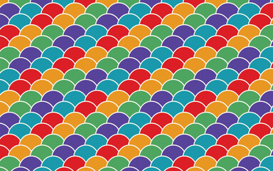 Seamless fish scale pattern in flat rainbow style, overlapping arcs in red, orange, green, blue and purple with white outlines, for textile, wallpaper and wrapping paper © VectorBloomX