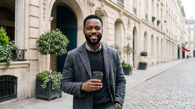 Handsome young black man walking down a european street holding a takeaway coffee cup with african american cobblestone architecture buildings