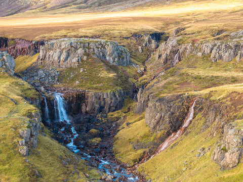 Aerial view of the Vestdalsfossar falls at Seydisfjordur fjord - Iceland