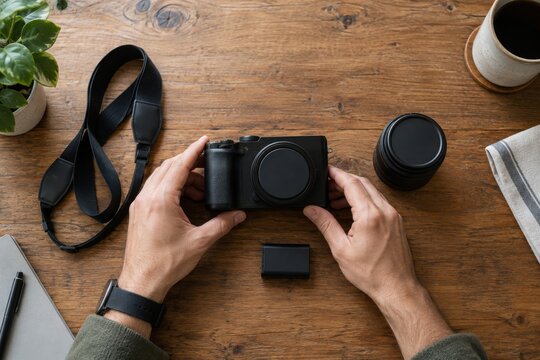 Hands checking camera gear on wooden table