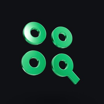 A 2x2 grid view showcasing four rotating green metal washer objects with small tabs, reflecting light dynamically against a dark background in a loopable animated stock motion sequence.