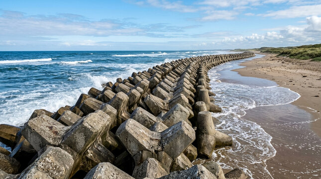 Concrete breakwater protecting the sandy ocean beach on a clear sunny summer day