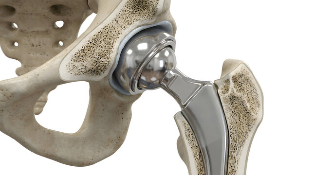 Cross section diagram of total hip replacement prosthetic implant in human pelvis and femur bone isolated on white background