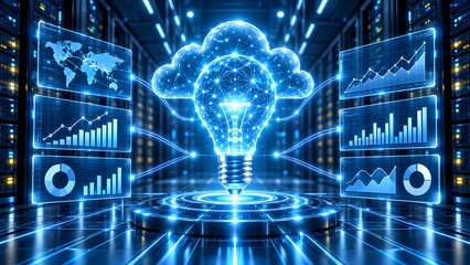 Fototapeta premium Glowing holographic light bulb in a modern data center surrounded by digital business analytics and financial charts