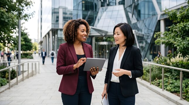 Two business women standing and talking while looking at a tablet screen with business attire business colleagues professional discussion