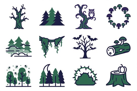 Collection of stylized forest and nature elements, including trees, mushrooms, and spooky Halloween motifs.