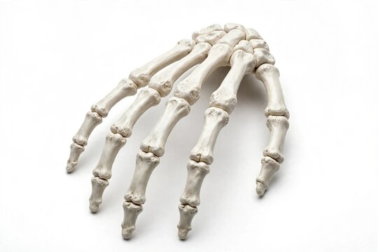 Close-up of a human hand skeleton isolated on a white background, showing the intricate bone structure.