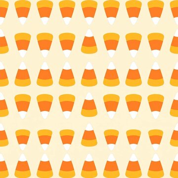 Seamless pattern of candy corn for Halloween, a sweet treat with orange, yellow, and white colors.