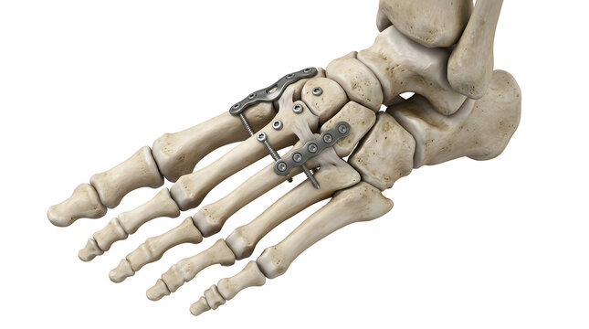 Titanium tarsometatarsal plating system attached to foot bone model with Lisfranc injury repair