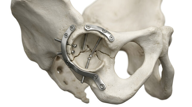 Titanium pelvic plating system attached to fractured acetabulum bone model