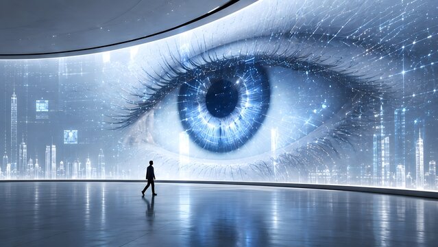 Corporate businessman walking past a giant glowing digital eye network displaying smart city surveillance and global data connections