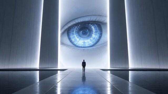 Businessman standing before a giant glowing cybernetic eye portal symbolizing biometric security and corporate surveillance