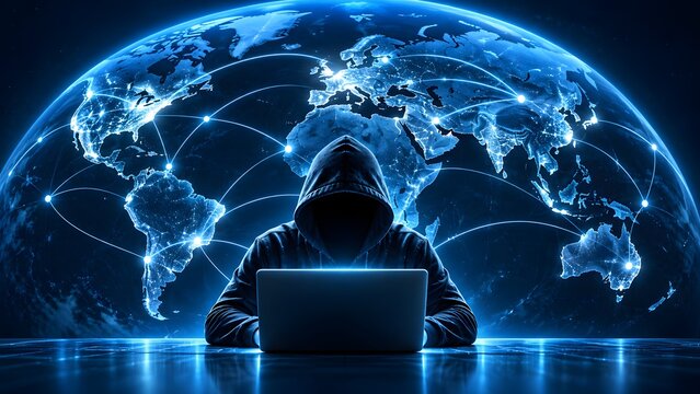 Anonymous cyber hacker using laptop with glowing global earth network connecting worldwide data